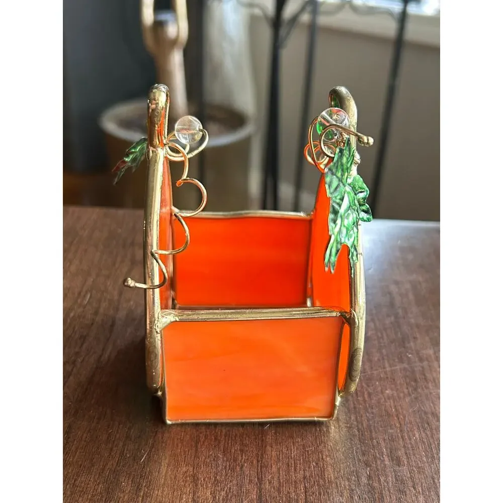 Vtg stained Glass Pumpkin Candleholder Tea Light Votive